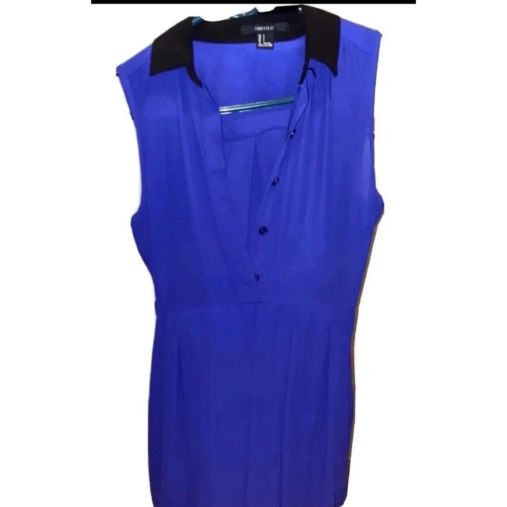 Forever 21 Small Blue & Black Collared Half Button Sleeveless Top No Belt Blouse